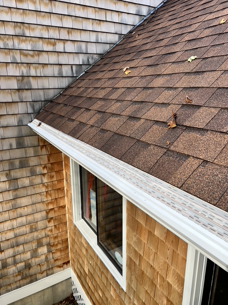 White seamless gutter on cedar shake New England cottage